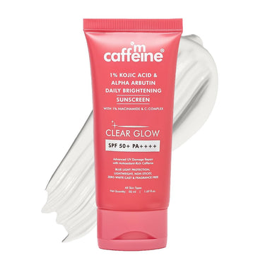 mCaffeine CLEAR GLOW 1% Kojic Acid & Alpha Arbutin Brightening Sunscreen SPF 50 PA++++ |Niacinamide-Dark Spots & Pigmentation| UVA-B Sun Protection|For Men & Women - 50ml For All Skin Type